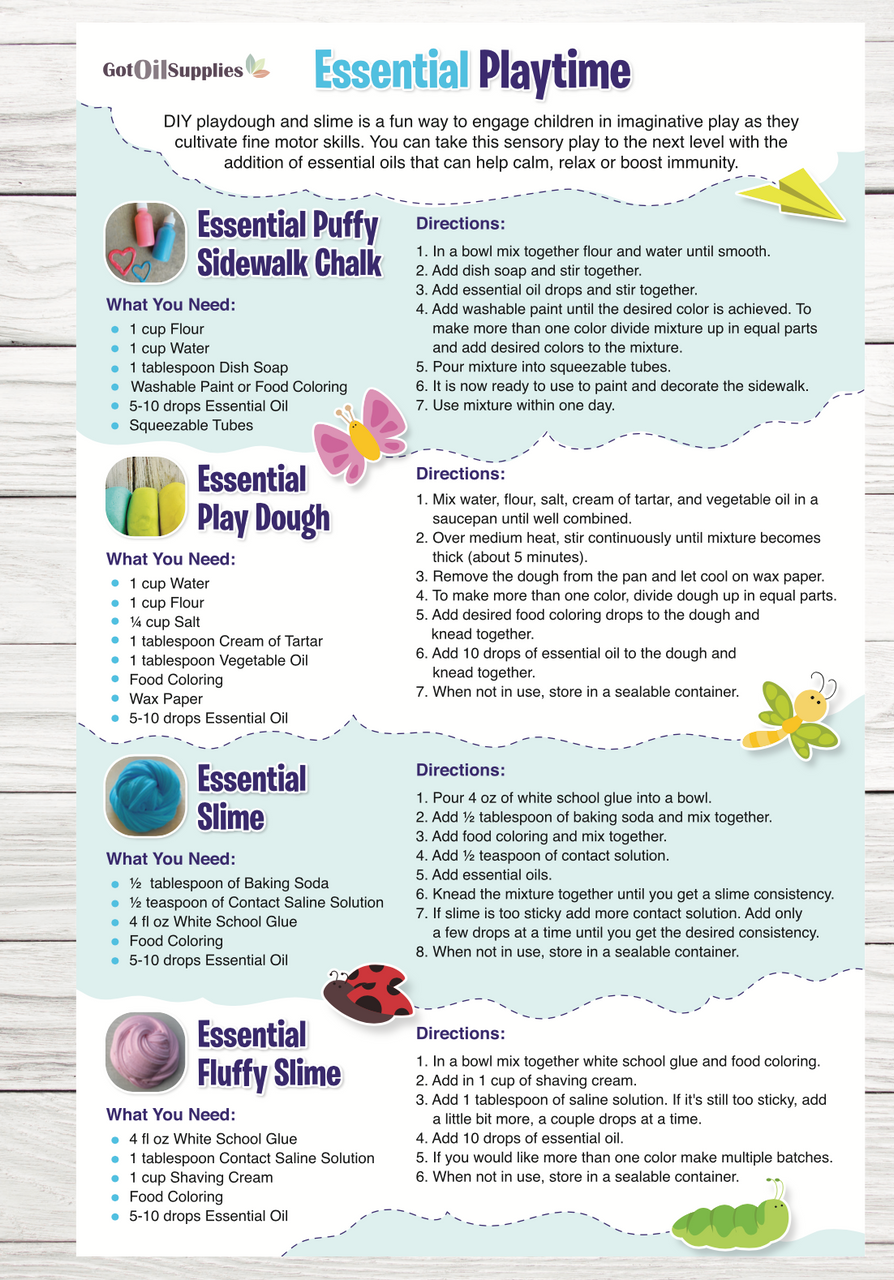 Essential Oil Playtime Resource Card | Homemade Slime, Play Dough, and Sidewalk Chalk