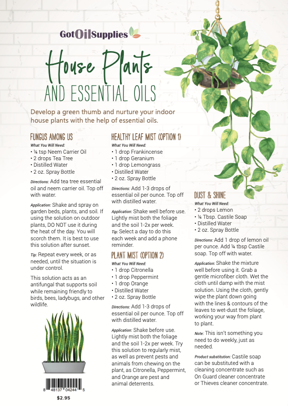 house plant care sheets House Plants and Essential Oils Recipes (12 Sheets)