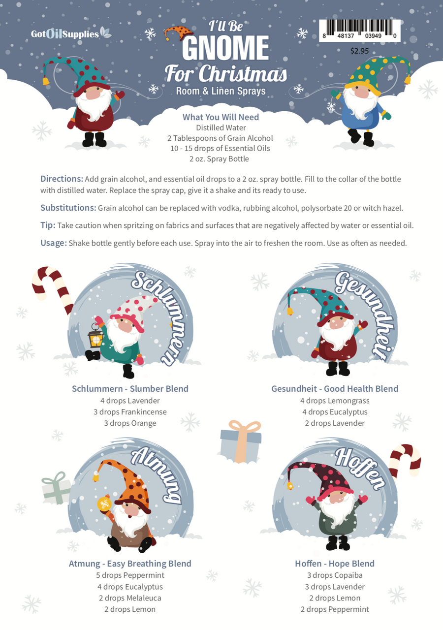 I'll Be Gnome For Christmas Recipe Sheets | Essential Oil Room & Linen Sprays