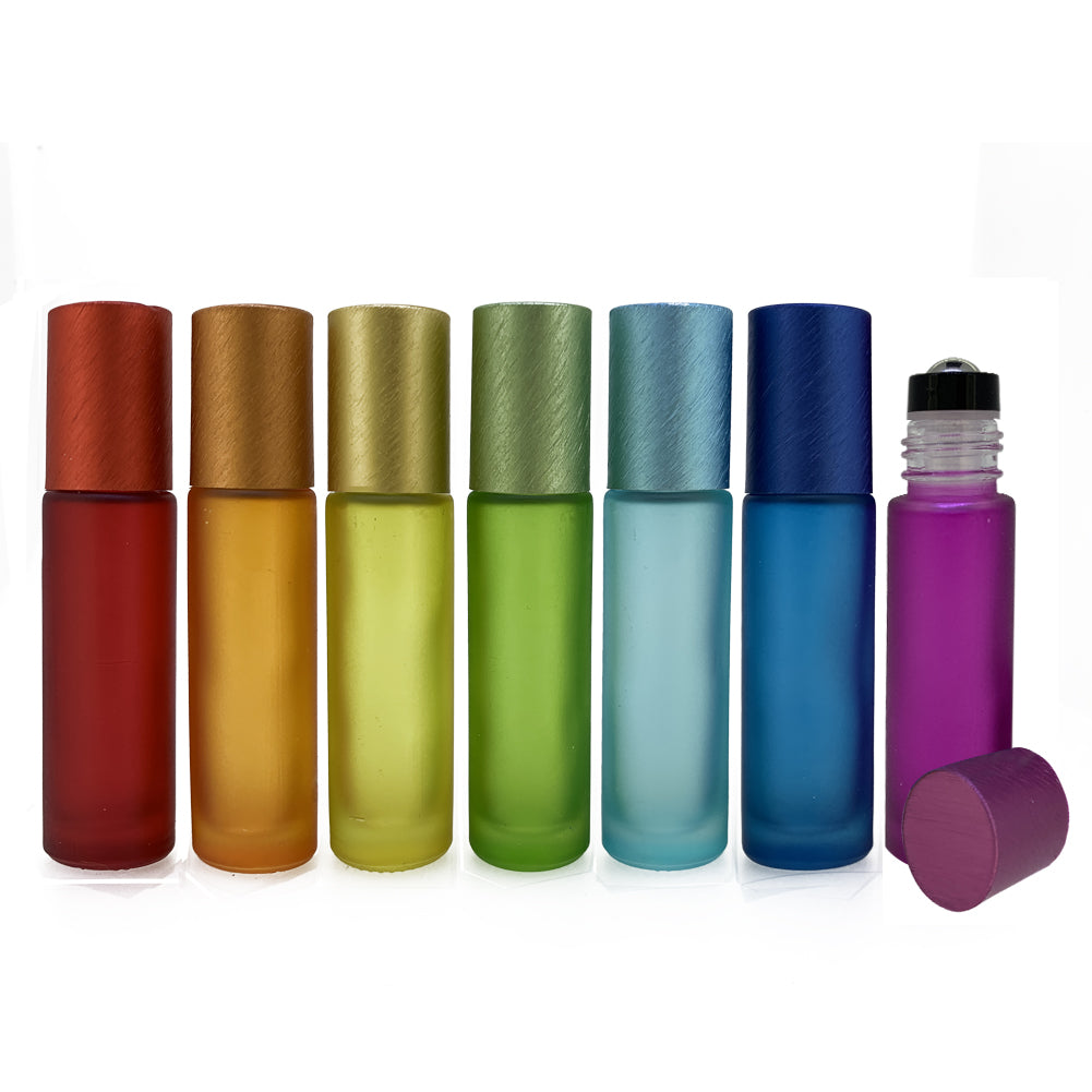 10 ml Chakra Glass Roller Bottles with Stainless Steel Roll On Inserts (7-Pack)