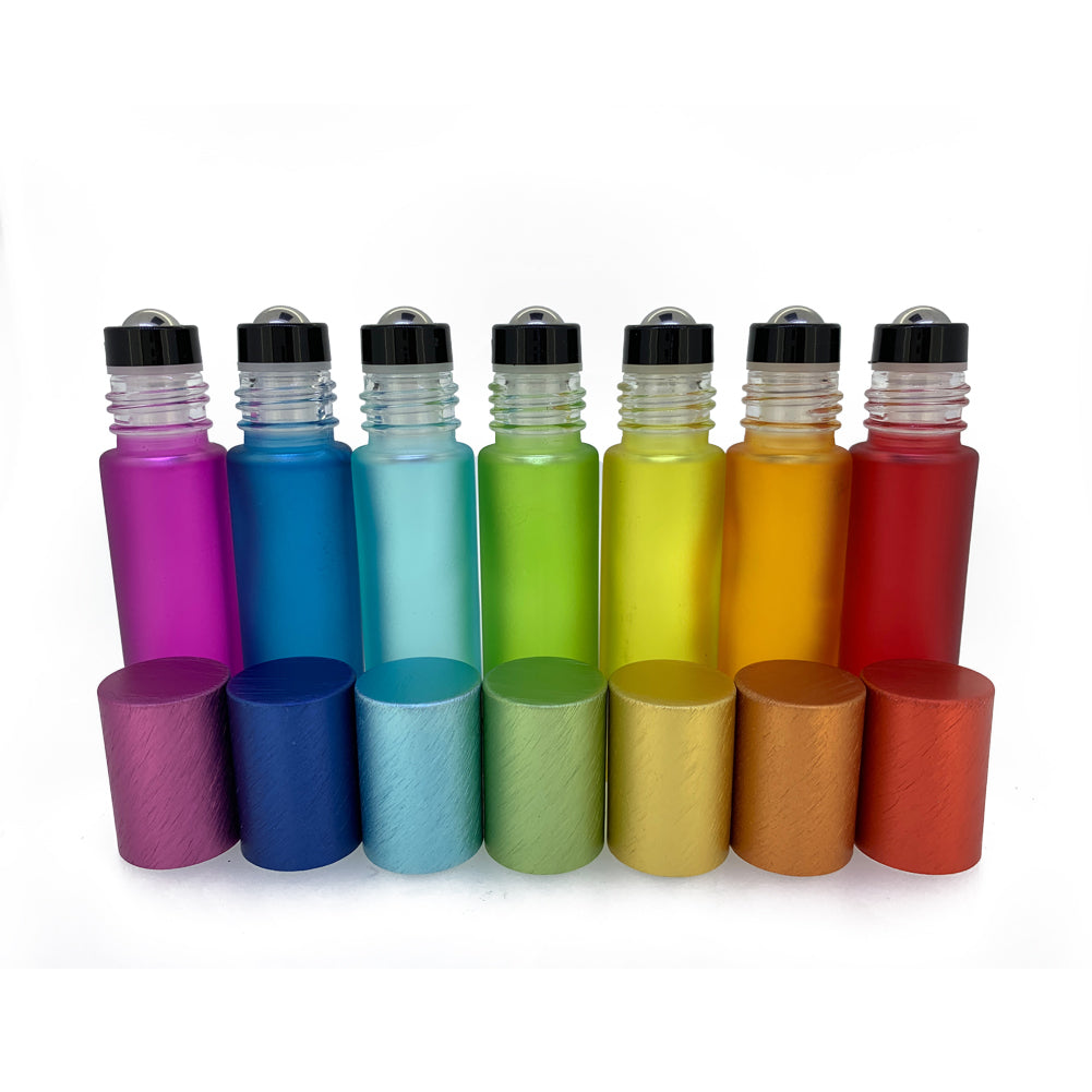 10 ml Chakra Glass Roller Bottles with Stainless Steel Roll On Inserts (7-Pack)