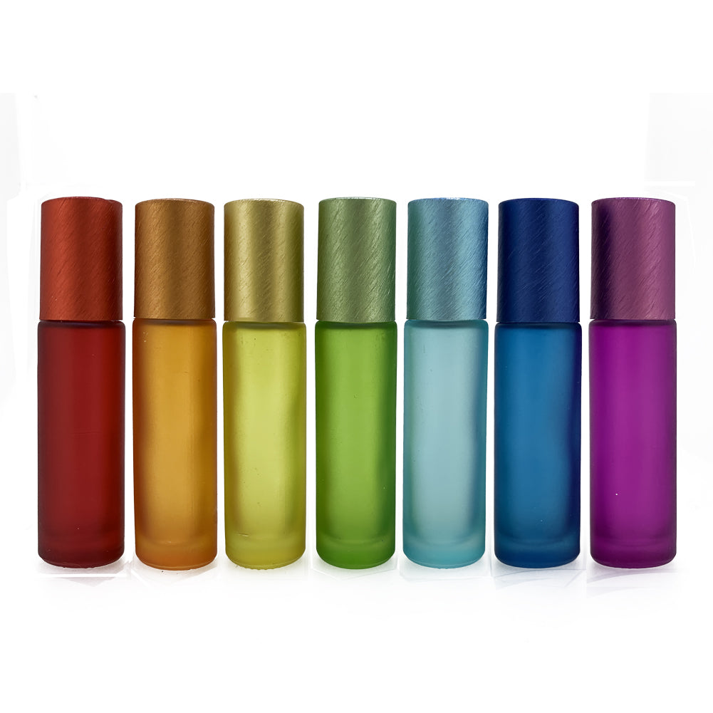 10 ml Chakra Glass Roller Bottles with Stainless Steel Roll On Inserts (7-Pack)