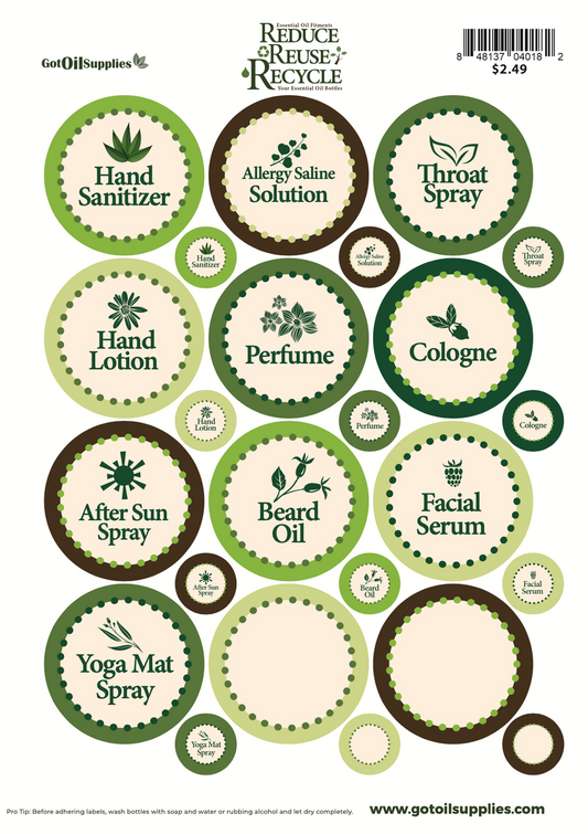 Essential Oil Fitments | Reduce, Reuse, Recycle Label Sheets