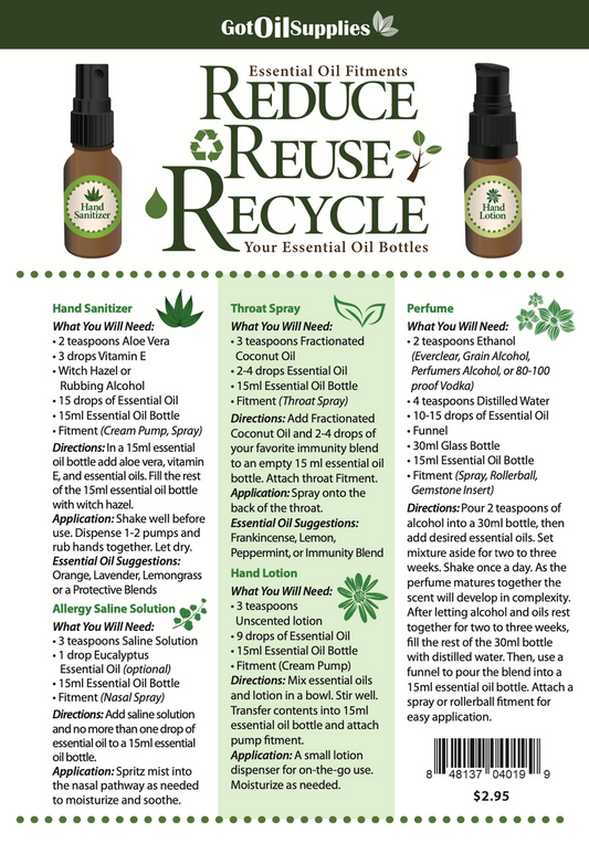 Essential Oil Fitments | Reduce, Reuse, Recycle Recipe Sheets