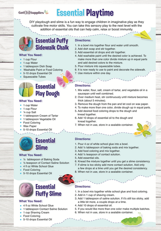 Essential Oil Playtime Resource Card | Homemade Slime, Play Dough, and Sidewalk Chalk