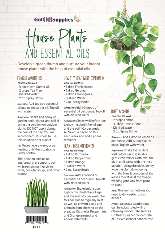 House Plants and Essential Oils Recipe Sheets