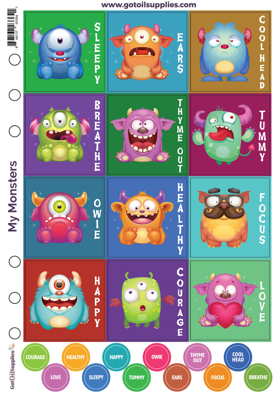 My Monsters Essential Oil Label Sheets with Lid Stickers for Kids