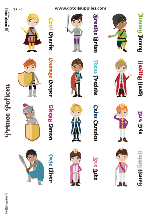 Prince Potion Label Sheets | Essential Oil Proof Labels For Kids