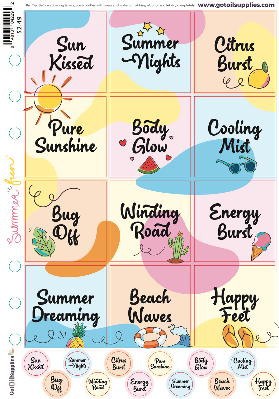 Summer Fun Essential Oil Blend Sprays Label Sheets