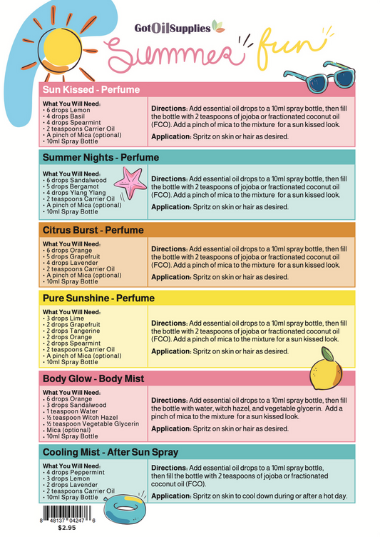 Summer Fun Essential Oil Spray Blends Recipe Sheets