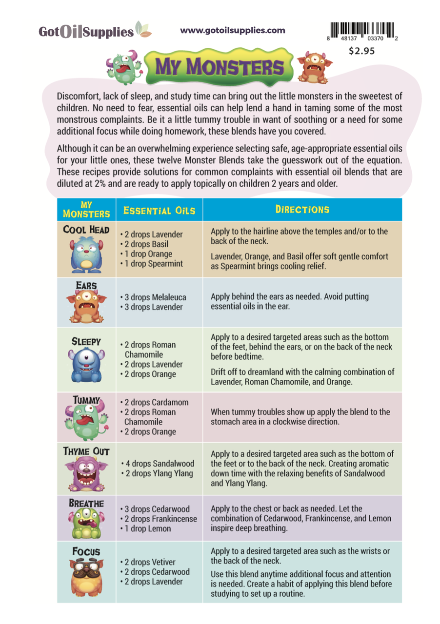 My Monsters Essential Oil Recipe Sheets for Kids, Children, Toddlers, Boys & Girls