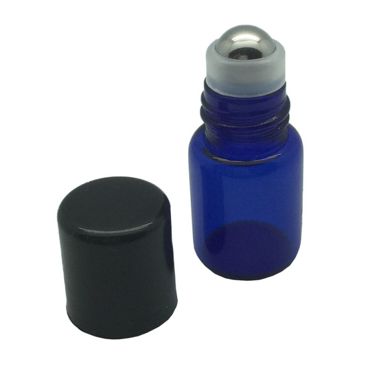2 ml Blue Glass Roller Bottles with Stainless Steel Roll On Inserts (12-Pack)