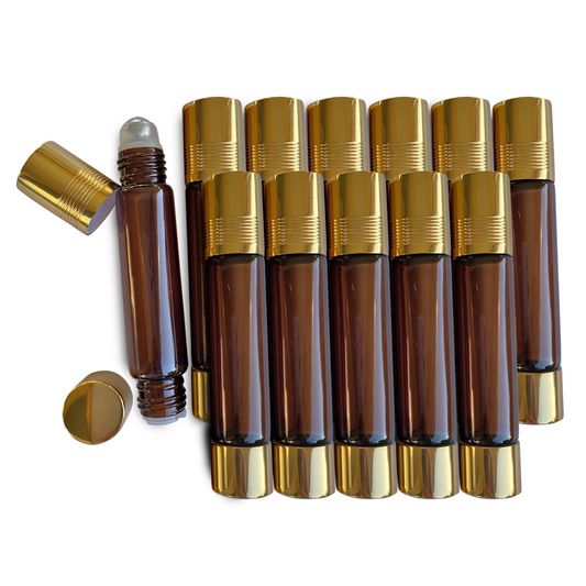 Dual Fitment 10ml Roller Bottle | Amber & Gold (12-Pack)